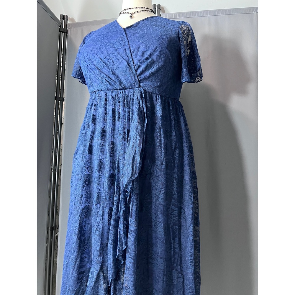 Royal Blue Floral Lace High-Low Faux Wrap Empire Waist Dress with Ruffle Detail - Picture 5 of 13